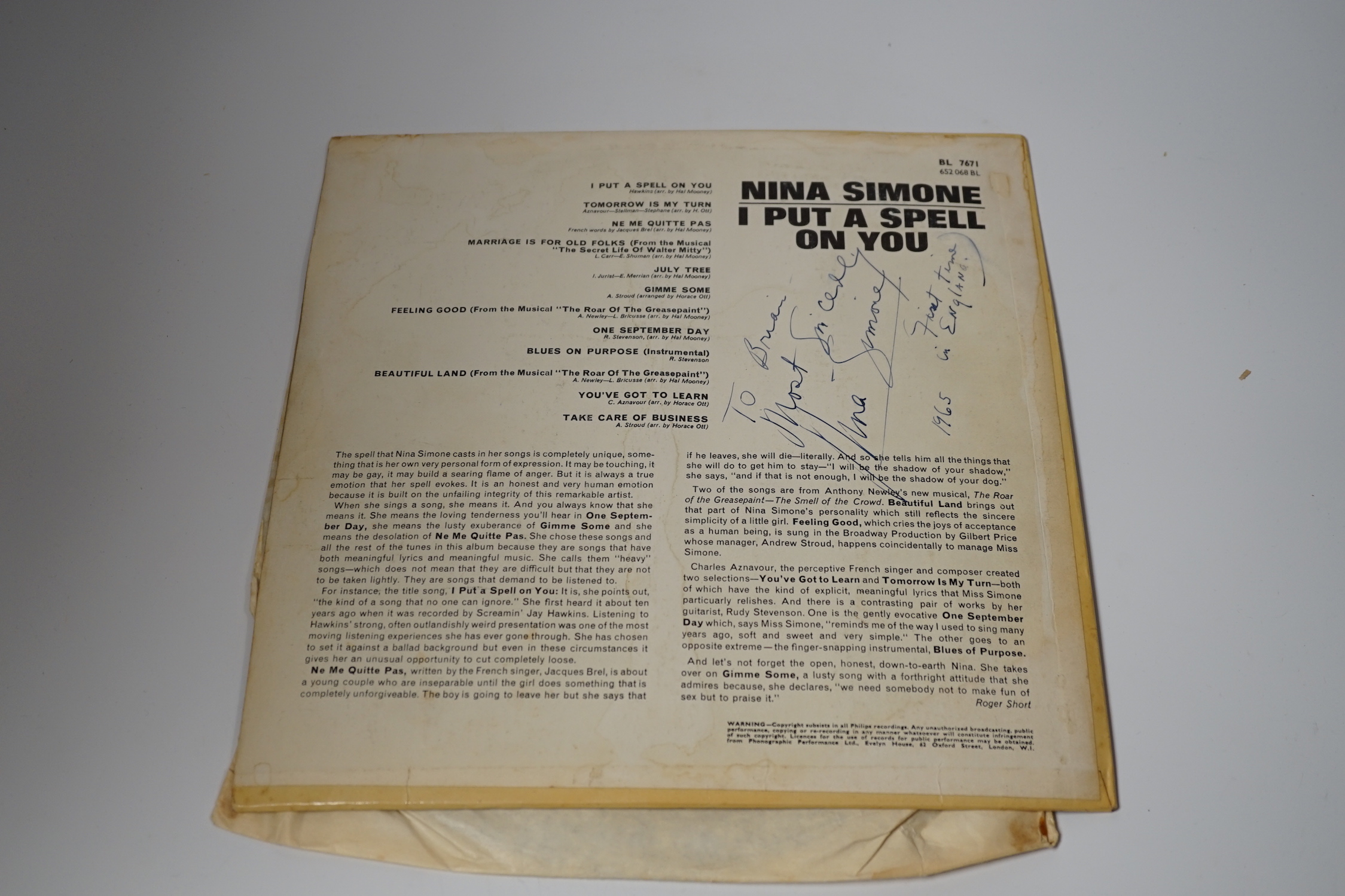 Nina Simone; a signed copy of the LP record album; I Put a Spell On You, on Philips Mono black label, Matrix; 652068 1L//1 420, 652068 2L//1 420, signed and dedicated to the DJ Brian Matthew; ‘To Brian, Most Sincerely, N